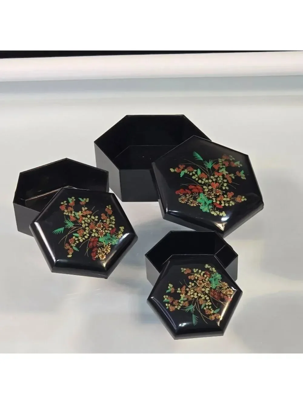 Vintage Set 3 Hexagonal Nesting Celluloid Floral Trinket Boxes Made in Hong Kong